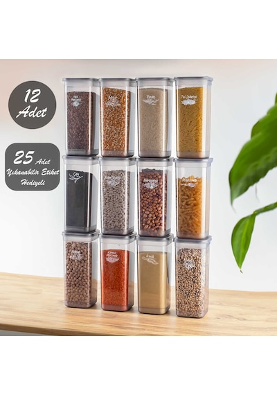 Porsima 432-GR Kare Erzak Bakliyat Saklama Kabı Takımı 12'li 1.70 L + Etiket 25 Adet