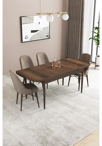 Sar Pakete Almira Serisi, Barok Ahşap Desen 80x132 Açılabilir Mdf Mutfak Masası Takımı 4 Adet Sandalye Cappucino