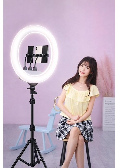 Tr 22 İnç Profesyonel Ring Light 3 Telefon Tutuculu, 3 Işık Modlu, Kademesiz Parlaklık Ayarlı, Çift Usb Çık