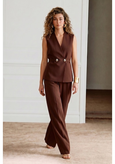 Sateen Sofia Düğme Detaylı Yelek - Kahve-137604