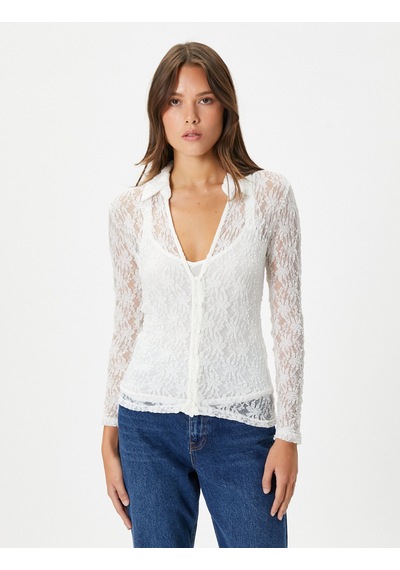 Koton Dantelli Gömlek Düğmeli Uzun Kollu Slim Fit Ekru 4wak60024ek 4wak60024ek010 Ekru