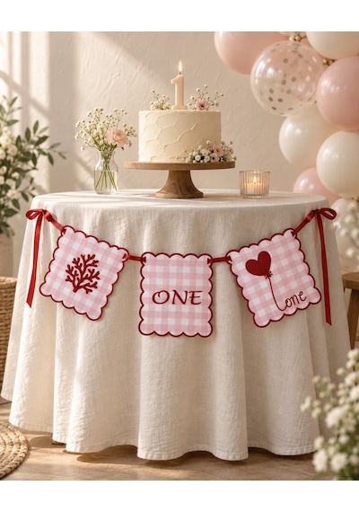 Tly Home & Baby One Nakışlı Kumaş 1 Yaş Doğum Günü Flaması Mama Sandalyesi Süsü