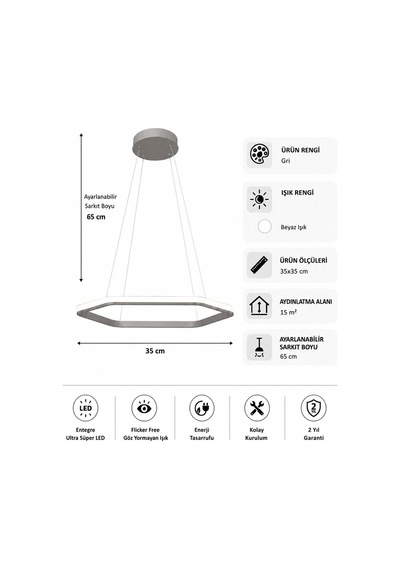 AvizeGO Ares Led Sarkıt Avize Beyaz Işık Gri