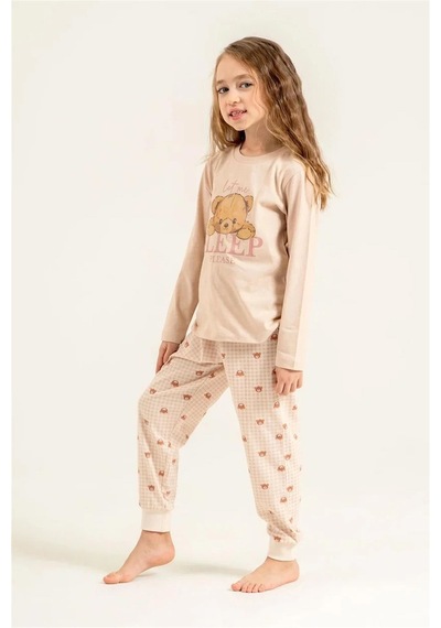 Rolypoly Kız Çocuk Baskılı Pijama Takımı Bej Rp3915-3