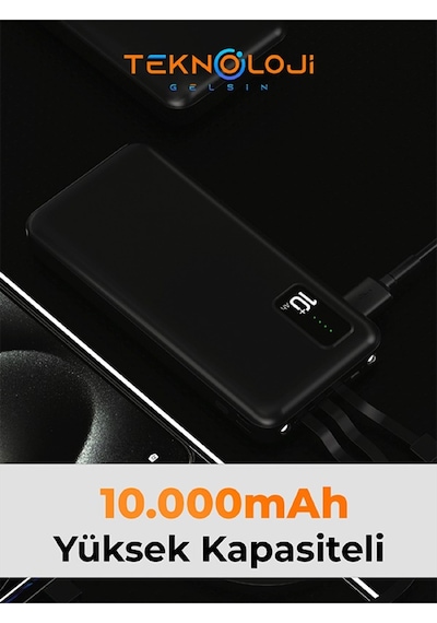 10.000 Mah Powerbank Elfenerli Dijital Led Gösterge Kendinden Kablolu Taşınabilir Şarj Aleti 4 Çıkış Siyah