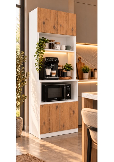 Kahve Köşesi Dolabı Modern Led Aydınlatmalı Raflı Mutfak Rafı Dolabı Beyaz