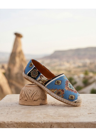 Futsishoes Vıola Mavi Hakiki Deri Kilim Desenli Kadın Etnik Desen Espadril Ayakkabı