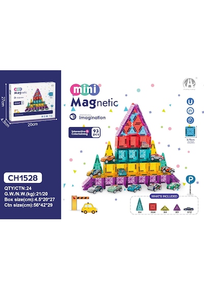 Magnetic Mini 93 Parça Manyetik Yapı Blokları 12 Arabalı Eğitici Oyun Seti - Kare Parça 3.75 Cm