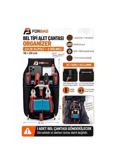 Hırdavat Çantası Bel Çantası,alet Takım Çantası Kemer Klipsli Plastik Korumalı 8 Bölmeli 26x17x7