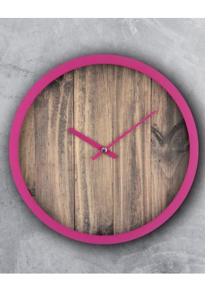 Rakamsız Ahşap Görünümlü Pembe Çerçeveli Sessiz Akar 30 Cm Duvar Saati Pembe