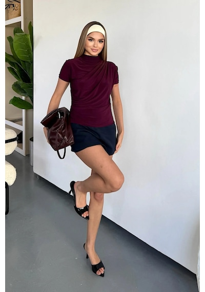 Giysa Kadın Dik Yaka Büzgü Detaylı Bluz Mürdüm - 25y 2417 Mürdüm