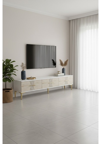 Tsa1832atg Slim Tv Stand, Tv Sehpası Antrasit-traverten-gold 180cm