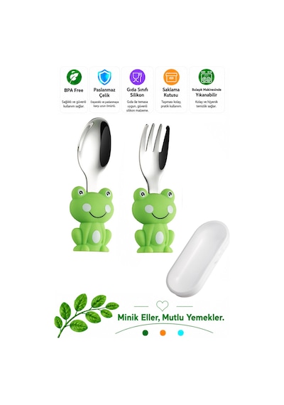 Kurbağa Figürlü Premium Çocuk Bpa Free Silikon Sap Paslanmaz Çelik Uçlu Çatal-kaşık Set 9+ Ay