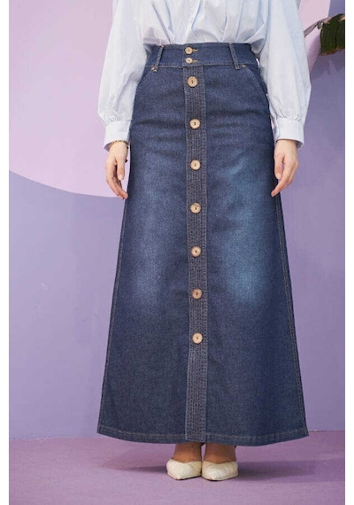 2287-denim Dikişli Etek Koyu Mavi Koyu Mavi