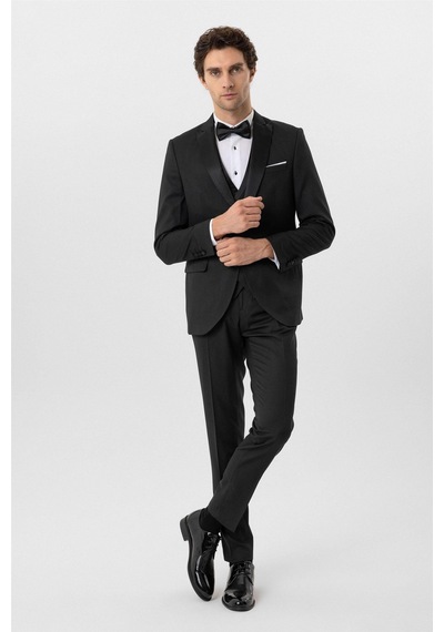 Süvari Siyah Slim Fit Armürlü Sivri Yaka 6 Drop Smokin & Damatlık
