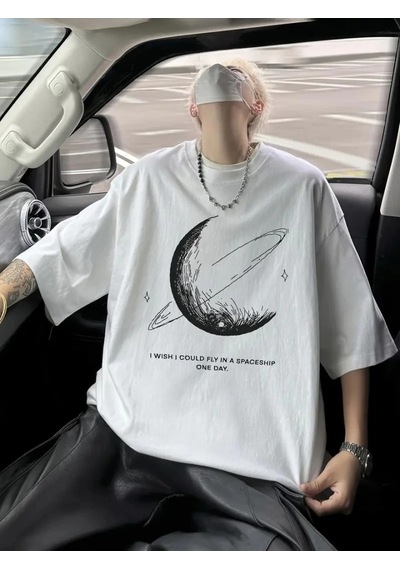 Vexor Baskılı Oversize Bisiklet Yaka T-shirt - Beyaz
