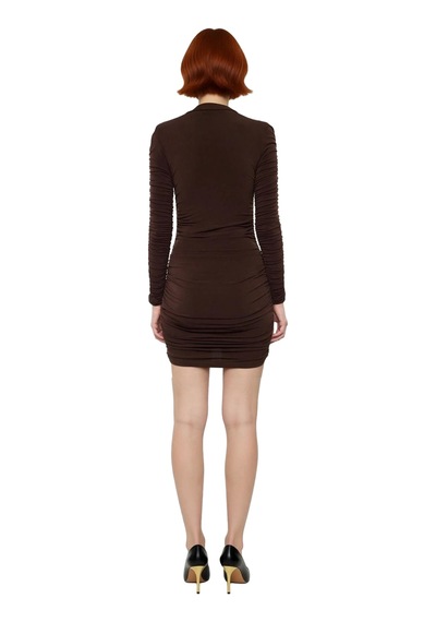 Ersefa Kadın Düz Desen Bisiklet Yaka Uzun Kollu Bodycon Mini Elbise Özel Kahverengi