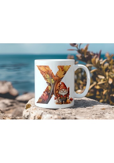 X Harf Sonbahar Yaprak Temalı Kupa Bardak - Sevimli Figürler İle Alfabe Harfli Bardak - Kişiye Özel Beyaz