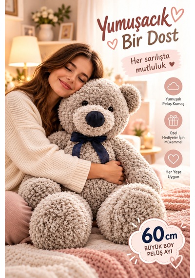 60 Cm Peluş Ayı Büyük Boy Premium Kalite Yumuşak Ayıcık Çocuk Sevgili Özel Gün Hediyesi Çok Renkli