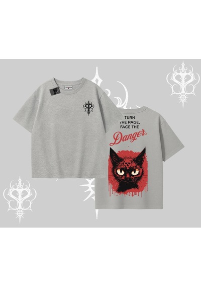 Tarzsokak Gotik Kedi Arka Baskılı Oversize Tshirt Gri