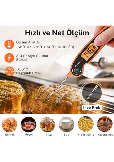 Thermopro Tp605w Ipx6 Su Geçirmez, Katlanabilir Problu Ve Arkadan Aydınlatmalı Ekranlı Anında Okunan Dijital Et Ve Diğer