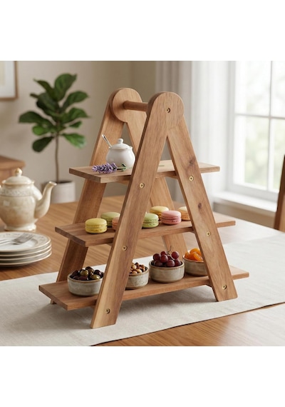 Doğal Akasya Ahşap 3 Katlı Sunum Standı - 37x12.3x37.5 Cm Çok Amaçlı Katlı Servis Tepsisi, Kurabiyelik Ve Peynir Sunumluğu Çok Renkli