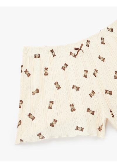 Koton Fiyonklu Ayıcık Desenli Rahat Kalıp Mini Pamuklu Şort Pijama Altı Ekru Desenli 7wlk80003mk