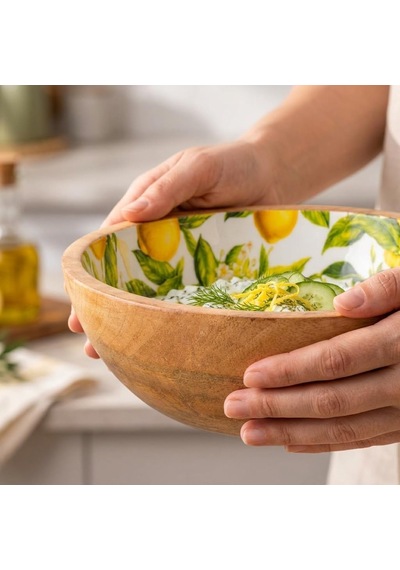 Tr Mango Ağacı Kase 20 Cm, Limon Desenli İç Yüzey, 7 Cm Yükseklik, Geniş Servis Alanlı Ahşap Sunum Kasesi, Kahv
