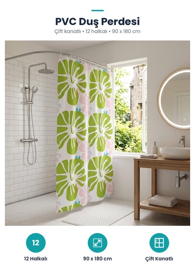 Pvc Duş Perdesi - Çift Kanatlı - 12 Halkalı - 90x180 Cm Şeffaf