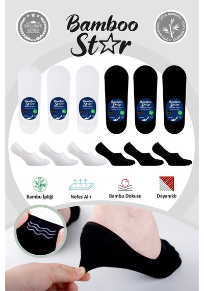 Bamboo Star Bambu Erkek Babet 3 Siyah 3 Beyaz Çorap Dikişsiz Görünmez Kaydırmaz Topuk Silikonlu Premium 6'lı Paket Siyah - Beyaz