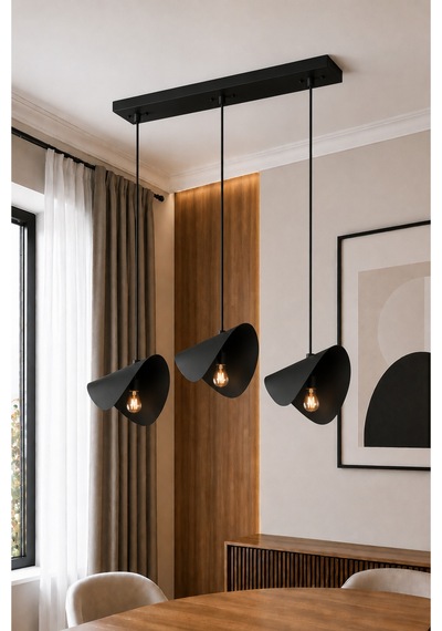 Eterna Siyah Metal 3'lü Sıralı Sarkıt Avize Modern Yemek Masası Avizesi - Yaprak Tasarımlı Modern Salon Ve Mutfak Aydınlatması