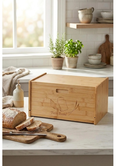 Doğal Bambu Kapaklı Ekmek Kutusu & Doğal Bambu Ekmek Dolabı 23x38x20 Cm Çok Renkli