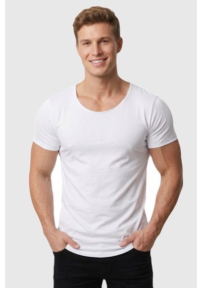 Deepsea Erkek Beyaz Geniş Yaka Likralı Tişört Oval Yaka Slim Fit Eteği Oval Açık Yaka T-shirt 1801199 Beyaz