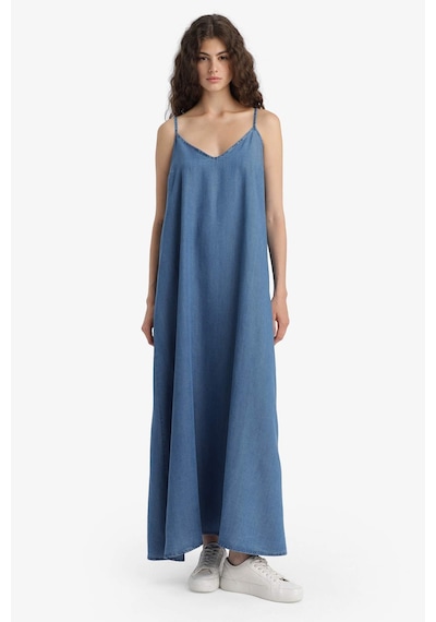 Defacto Fashion Fit Akışkan Kumaş İnce Askılı Maxi Elbise D8258AX25SM Mavi