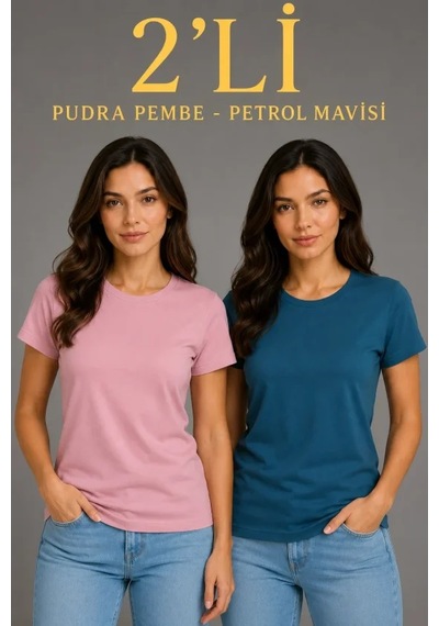 Hazego Basic Bisiklet Yaka Yazlık Slim Fit T-shirt - Pudra Pembe - Petrol Mavi Çok Renkli