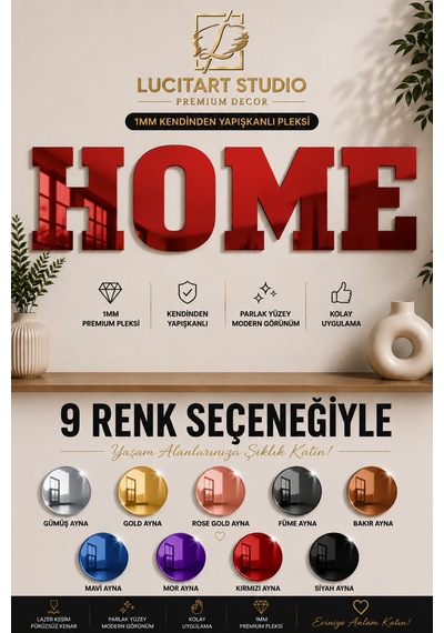 Studio Home Dekoratif Duvar Yazısı 1 Mm Kendinden Yapışkanlı Aynalı Pleksi 9 Renk Seçeneği Kırmızı