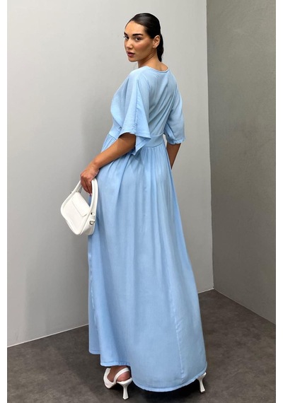 Madmext Bebe Mavisi V Yaka Düğmeli Elbise Mg2339 Bebe Mavisi