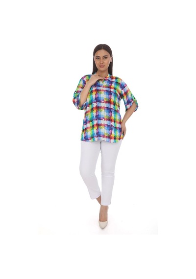 Lady Majestic %100 Viskon Büyük Beden Renkli Gömlek Mavi