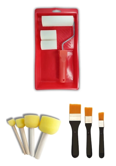 Artdeco Multi Surface Akrilik Boya 1 Kg Beyaz Rulo Ve Fırça Tavası I Tampon Sünger Takımı Zemin Fırça Seti Karışık Renk
