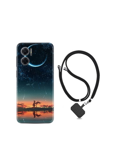 Xiaomi Redmi Note 11E Kılıf İpli Boyun Askılı Desenli Silikon Ay ve Kız 1720