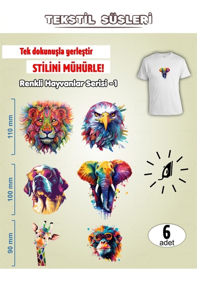 Ütü İle Yapışan Kıyafet Etiketi Renkli Hayvanlar Serisi -1 6lı Set Karışık