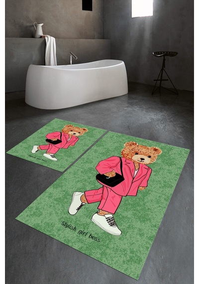 Buççin Online Mağaza Dijital Baskılı Kaymaz Taban Yıkanabilir İkili Banyo Takımı Klozet Takımı Polyester Yeşil Çok Renkli