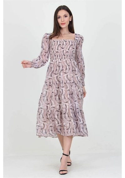Neşeli Butik Kadın Bej Desenli Kare Yaka Gipeli Şifon Elbise Nb100361 Bej