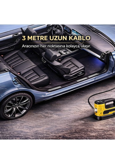 Araç Lastik Hava Kompresörü 150 Psı 12v Çakmaklık Girişli Taşınabilir Dijital Göstergeli Led Işıklı Hava Pompası Sarı