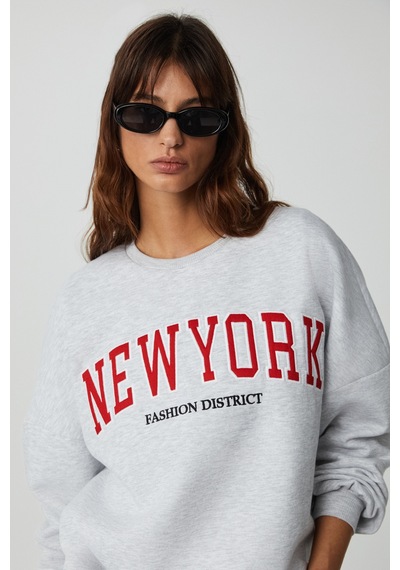 Ethıquet JORDIN Kadın Uzun Kollu Yuvarlak Yaka Önü Aplike Nakışlı Düşük Omuz Oversize Grimelanj Sweatshirt