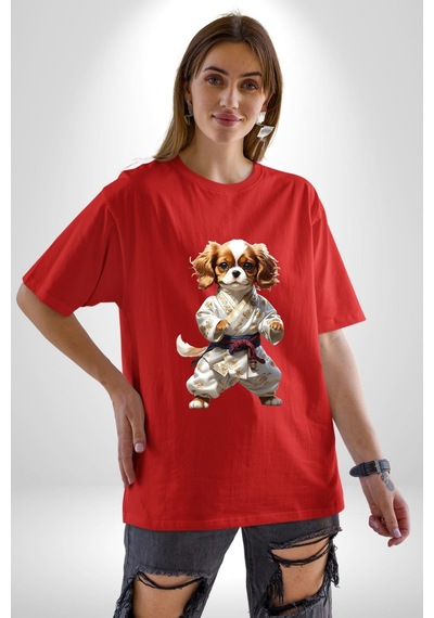 Cavailer King Charles Spaniel Karate Pamuklu Bisiklet Yaka Unisex Oversize Boyfriend Dijital Baskılı Kırmızı T-shirt Kırmızı