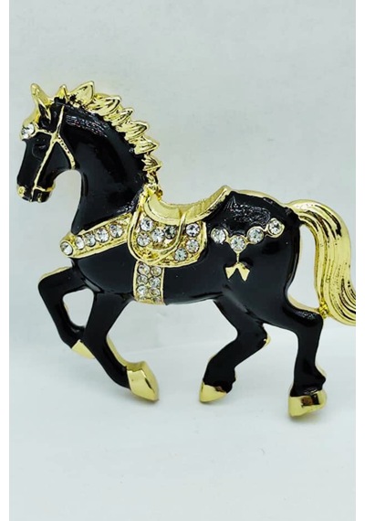 Siyah & Beyaz At Broş - Kristal Taşlı Zarif Horse Brooch Şık Hayvan Figürlü Aksesuar Siyah