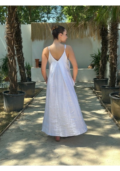 Yazlık Keten Askılı Oversize Elbise Beyaz