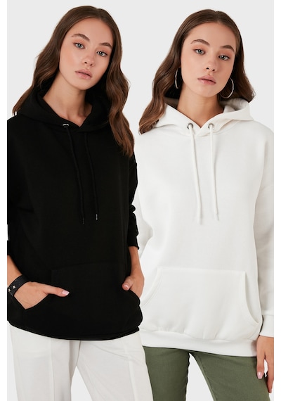 Lela Regular Fit Pamuklu Kapüşonlu Yaka Şardonlu Kışlık 2'Li Paket Bayan Sweat 5863854S2 Ekru-Siyah