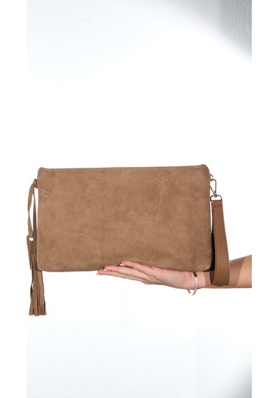 Morden Vizon Süet Hakiki Deri Kadın Clutch Çanta Vizon